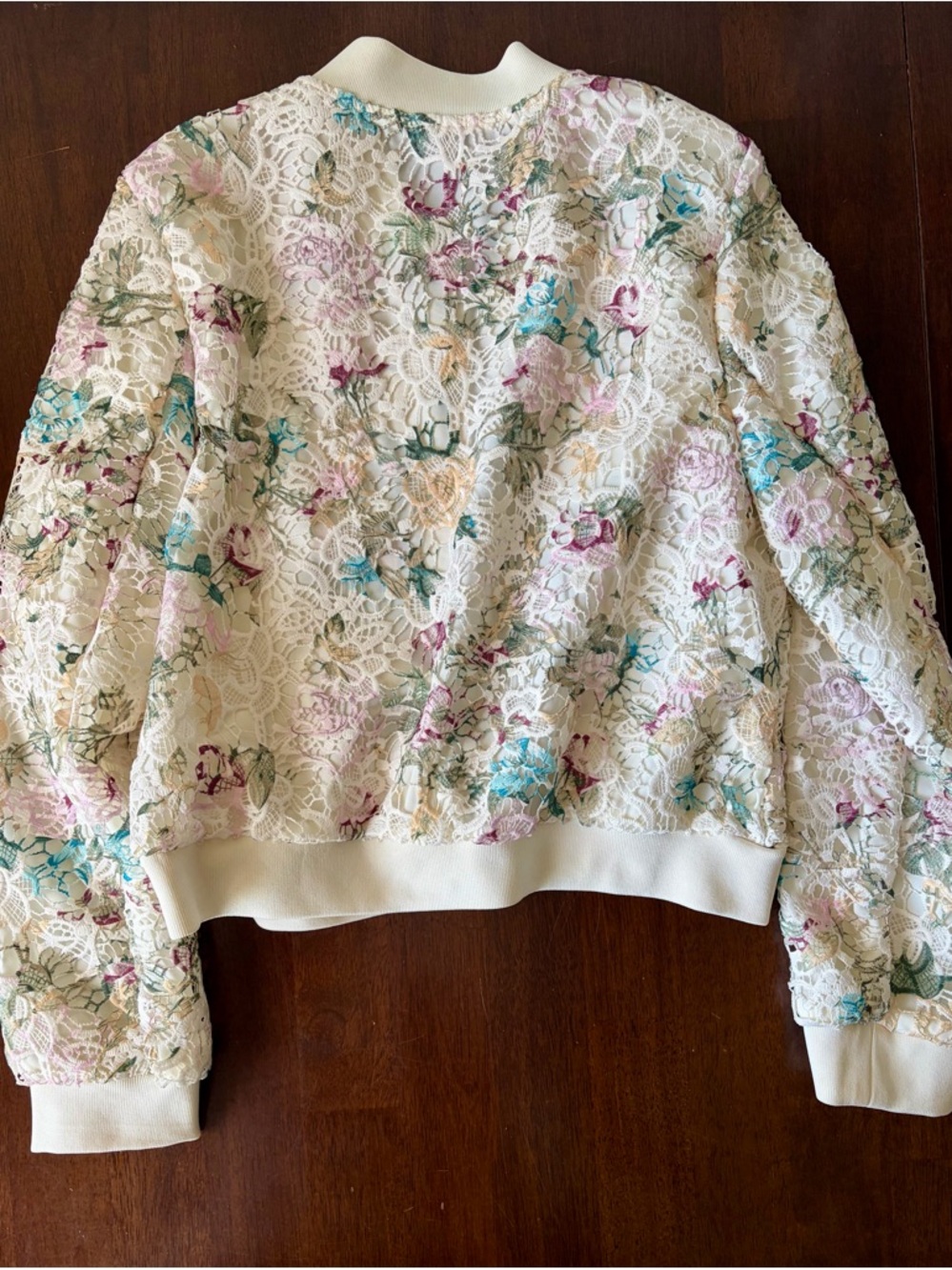 Nanette Lepore Cream Lace Bomber Jacket with Pink & Teal Floral Embroidery - Picture 3 of 4